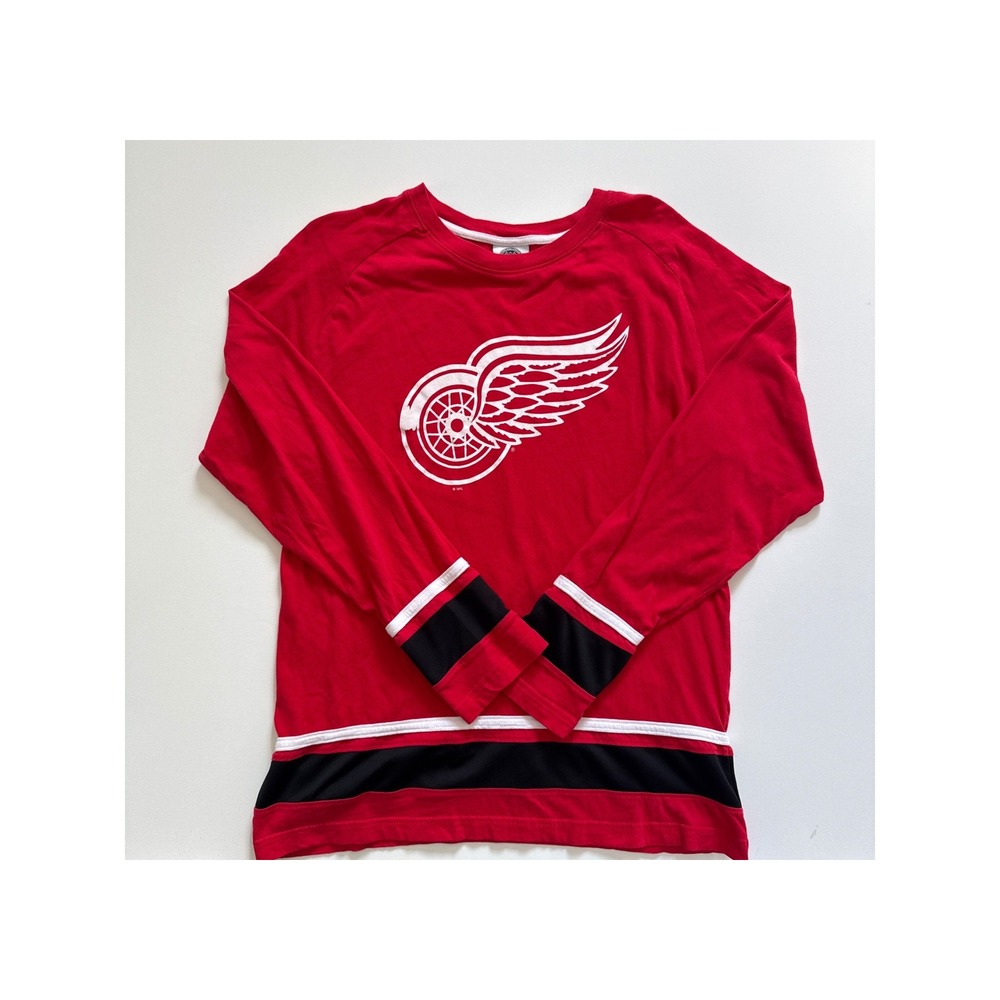 NHL Detroit Red Wings Long Sleeve Shirt Mens Red Black Striped Hockey Tee